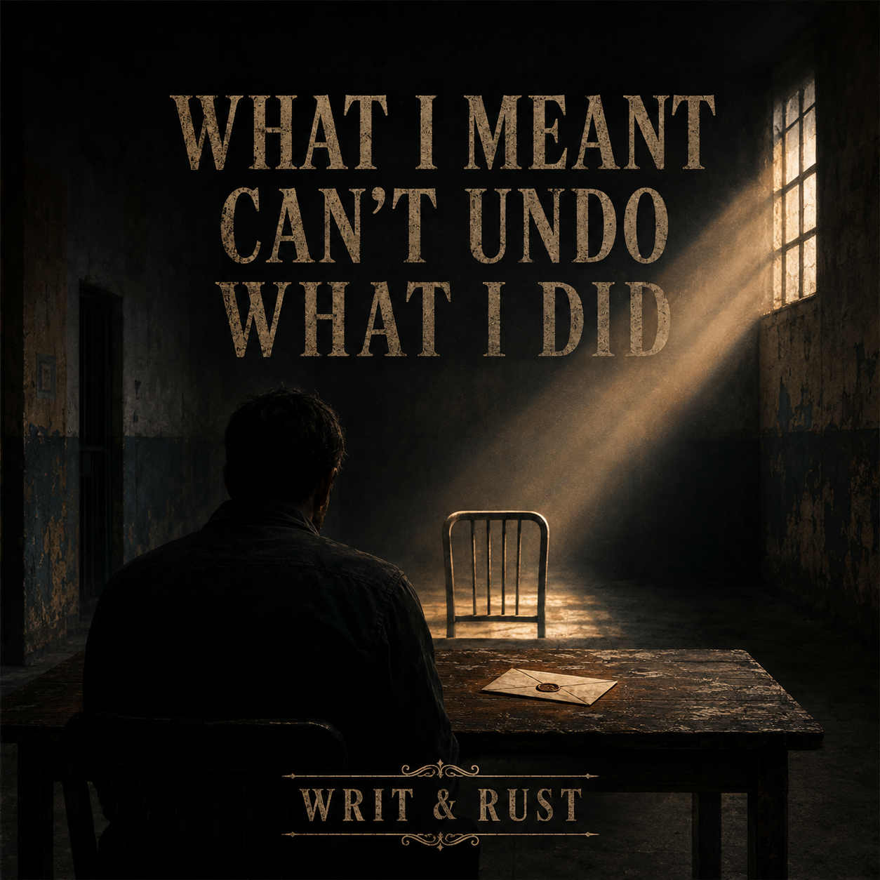 Cover art for “What I Meant Can’t Undo What I Did” by Writ & Rust: an empty chair and sealed letter in a stark institutional room illuminated by morning light.